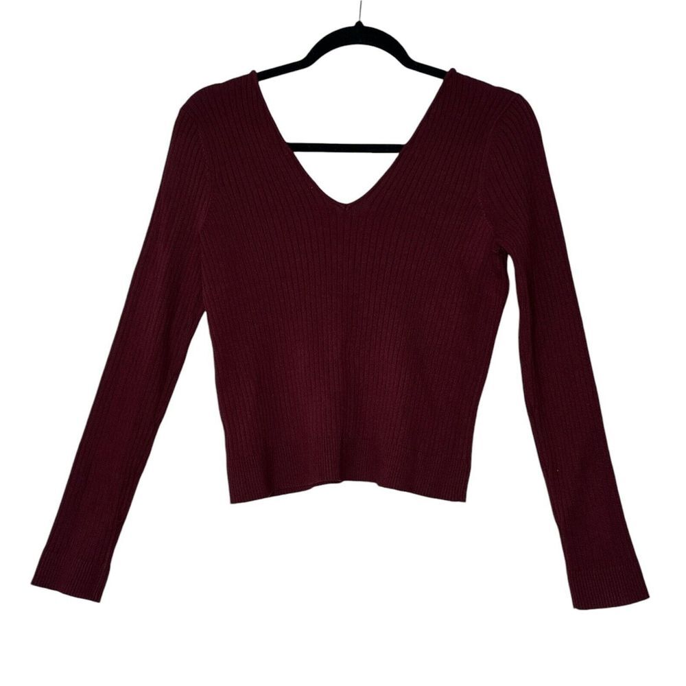 Skies are Blue Anthropologie Top Womens Medium Burgundy Long Sleeve‎ Stretch - Picture 2 of 8